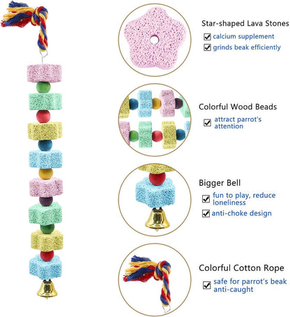 2 Pack Bird Chewing Toy, Colorful Parrot Beak Grinding Calcium Stone with Bells, Cage Accessories