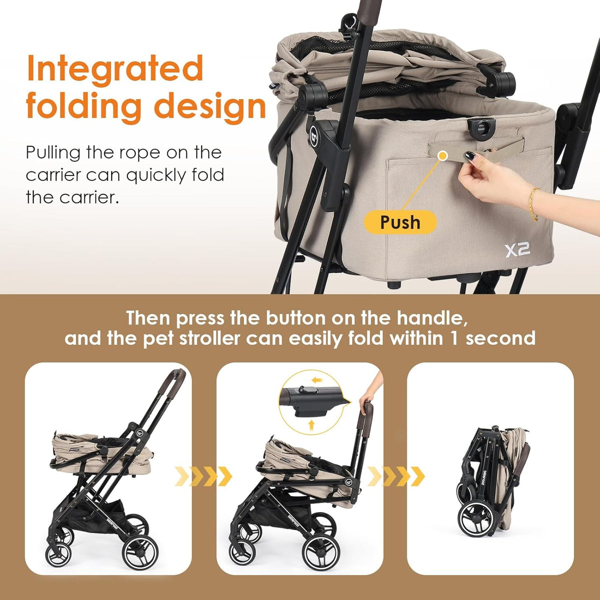 X2 Pet Stroller, Dog Cat Stroller for Small Pets Under 44lbs, Equipped with Detachable & Foldable