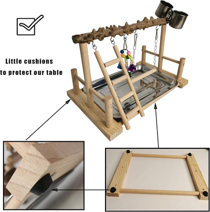 Hamiledyi Parrot Playground Bird Playstand Wood Exercise Play Perch Exercise Gym with Feeder Cups