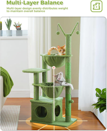 Cactus Cat Tree, 47.6" Cat Tower with 2 Metal Frame Hammock, Cat Scratching Post for Indoor Cats
