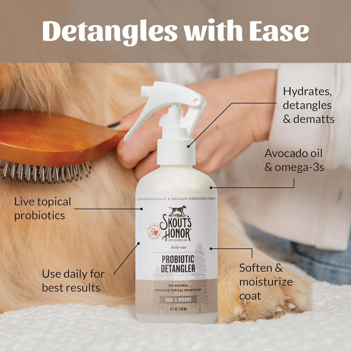 Skout's Honor Pet Detangler Spray - Hydrating & Conditioning with Avocado Oil & Probiotics, 97%