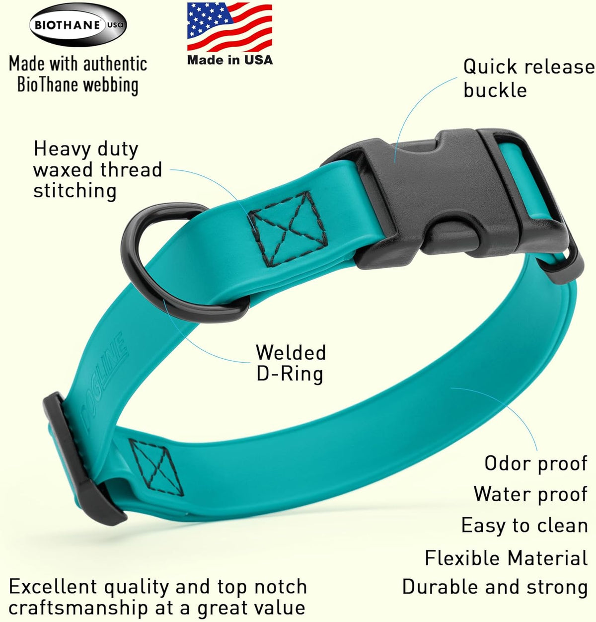 Dogline Biothane Waterproof Dog Collar with Quick Release Buckle Strong Coated Nylon Webbing with