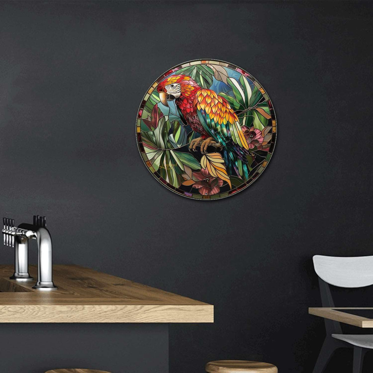 Lygond Metal Sign Tin Sign Circular Stained Glass Parrot Funny Outdoor Decor for Restaurant 12×12