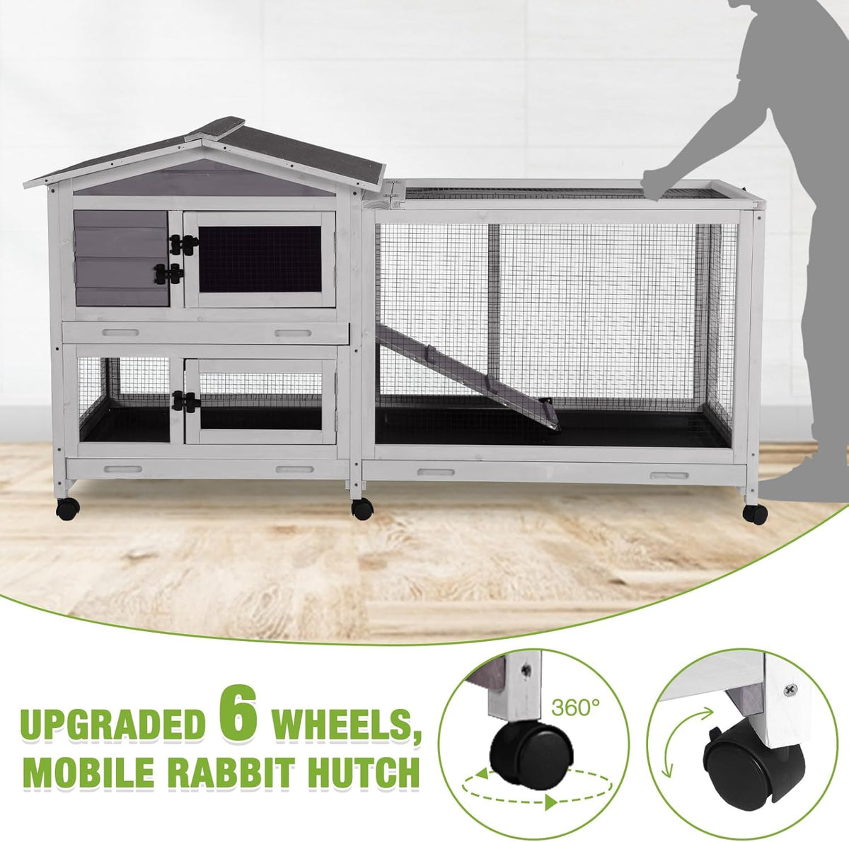 GUTINNEEN Rabbit Hutch Indoor with Chew-Proof Ramp, 62" L Wooden Rabbit Cage with 6 Casters, Bunny