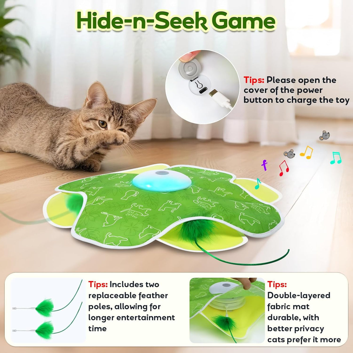 Interactive Cat Toys, Motion Activated, Moving Feather, Real Mouse Squeaky, Hide and Seek Cat Toys