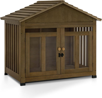 MCombo Wooden Dog House Furniture, Solid Wood Pet Kennel Indoor for Small/Medium Dogs, JD54 (Brwon