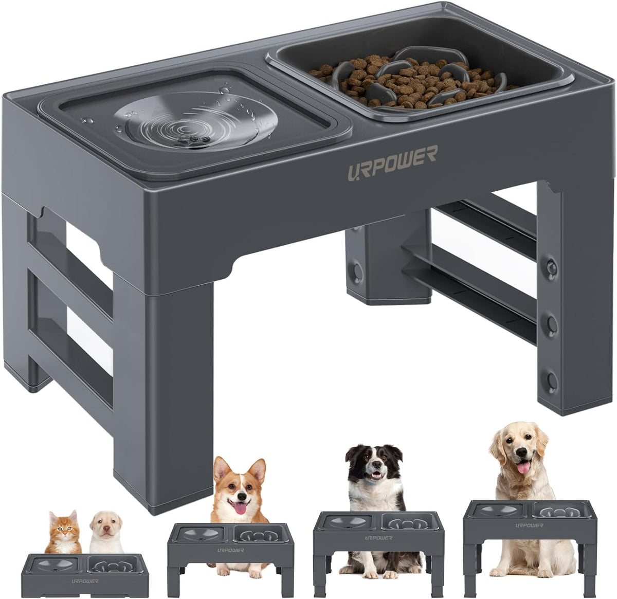 URPOWER 2-in-1 Elevated Slow Feeder with No Spill Dog Water Bowl 4 Height Adjustable Raised Bowl