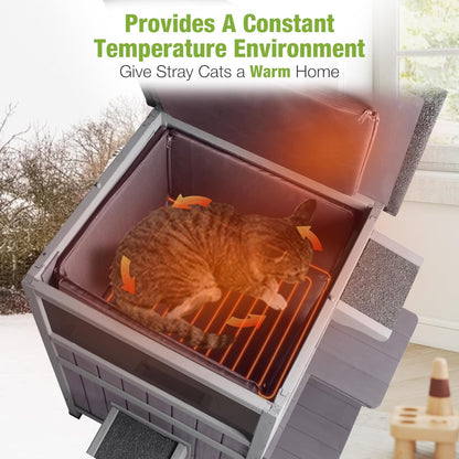 GUTINNEEN Outdoor Heated Cat House for Winter, Weatherproof Wooden Feral Cat Shelter with Escape