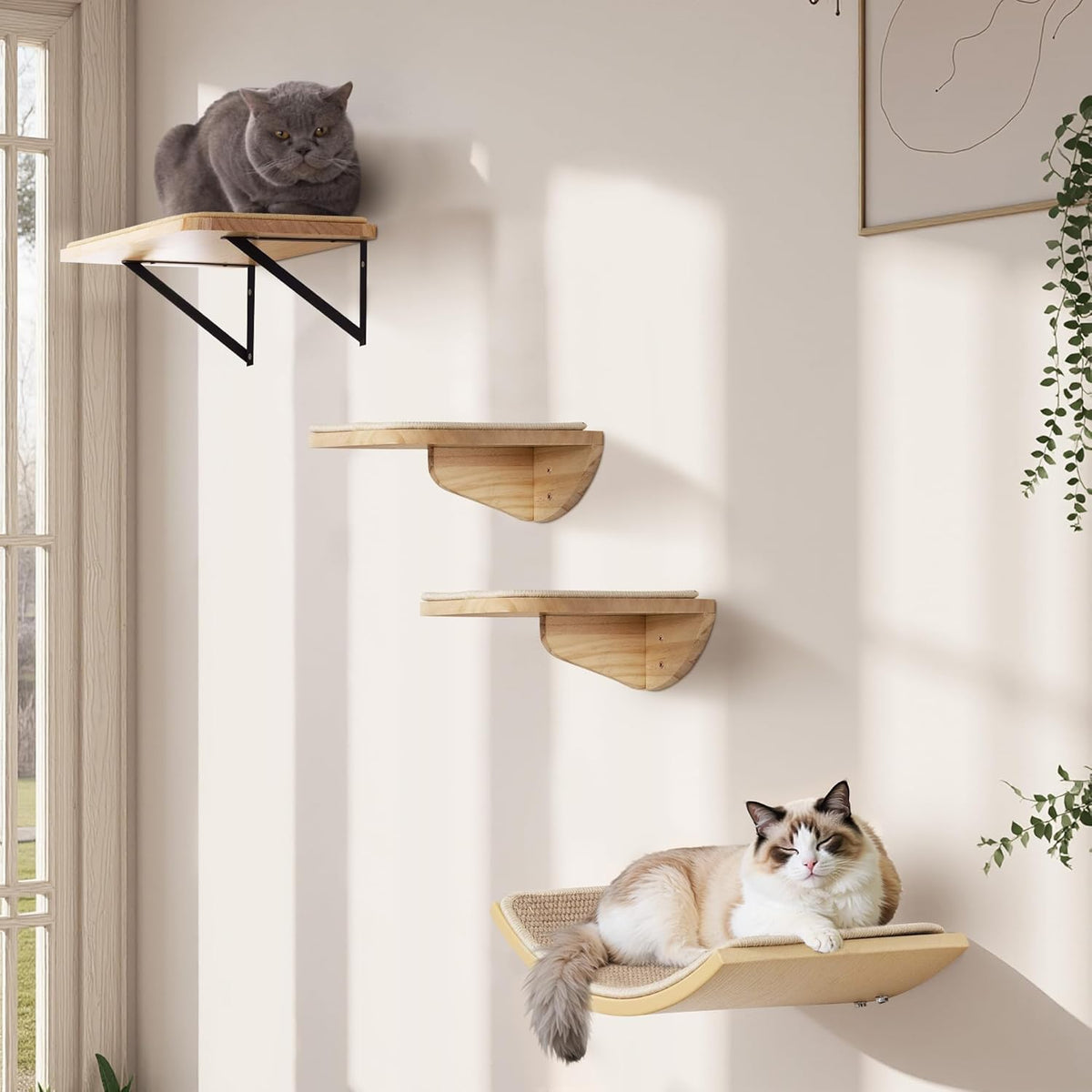 2PCS Cat Wall Shelves with Scratching Mat, 16.6x9.7 Inch Large Cat Wall Hammock Cats Furniture