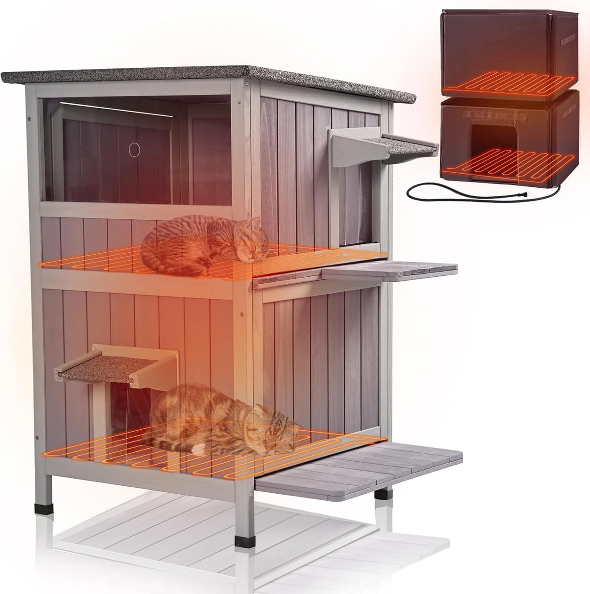 GUTINNEEN Outdoor Heated Cat House for Winter, Weatherproof Wooden Feral Cat Shelter with Escape