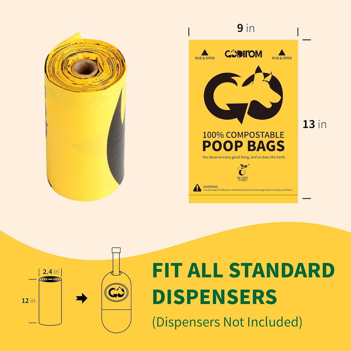 Certified 100% Compostable Poop Bags for Dogs, 270 Count Guaranteed Leak Proof and 18 Microns Extra