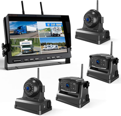 Magnetic RV Wireless Backup Camera, HD 1080P 10" Loop Recording Monitor, 2-Rear View 2-Side View