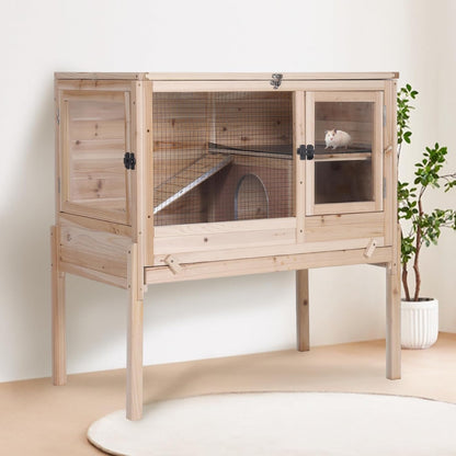 Guinea Pig Cage with Wooden Stand - Hamster Cage, Small Animal Cage Anti Chew Ramp, Hideout