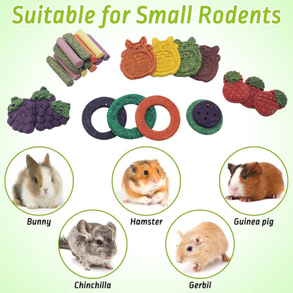 Fhiny 27 PCS Natural Bunny Chew Toys Molar Rabbit Toys Contain Timothy Grass Pumpkin Beets Purple
