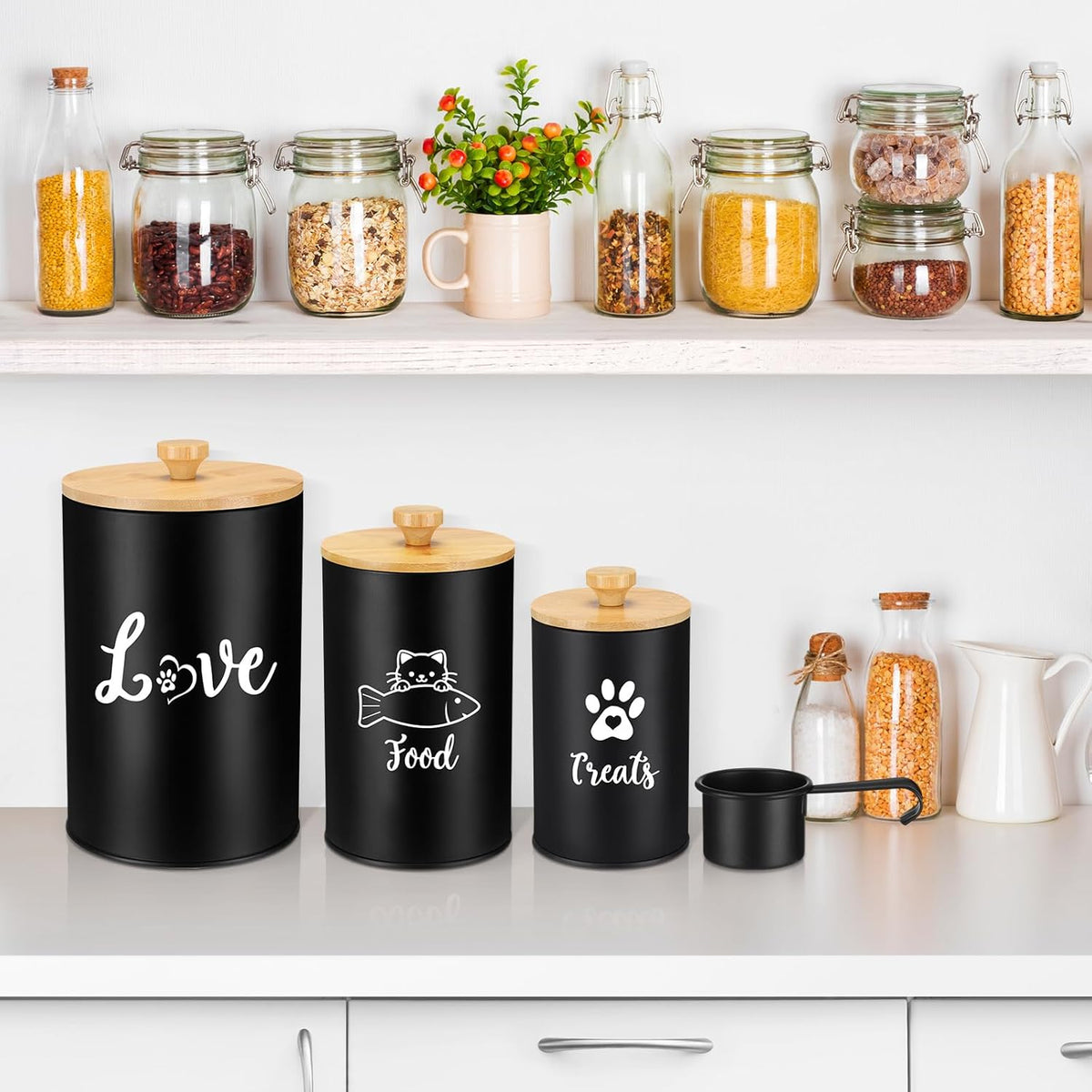 Metal Airtight Cat Treat Container Set of 3 with Bamboo Lids and Spoon Cat Food Storage Container