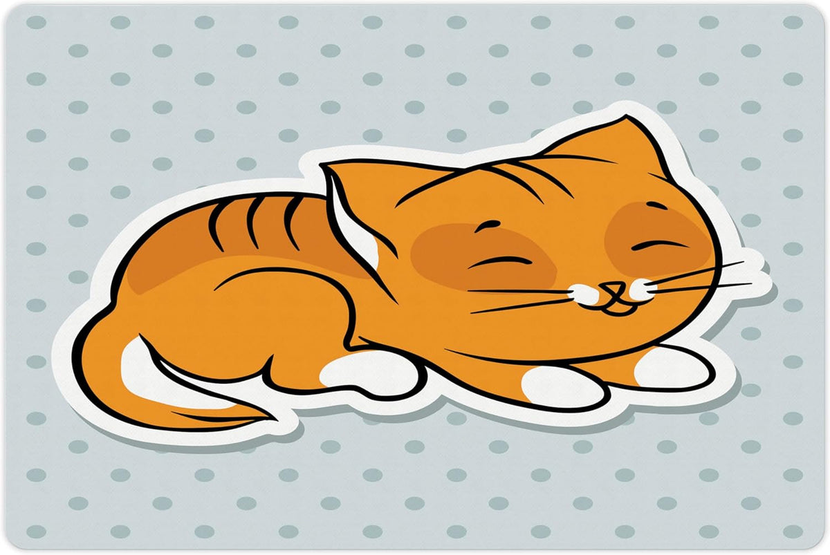 Lunarable Cat Pet Mat for Food and Water, Sleeping Kitten on Polka Dots Background Theme Graphic