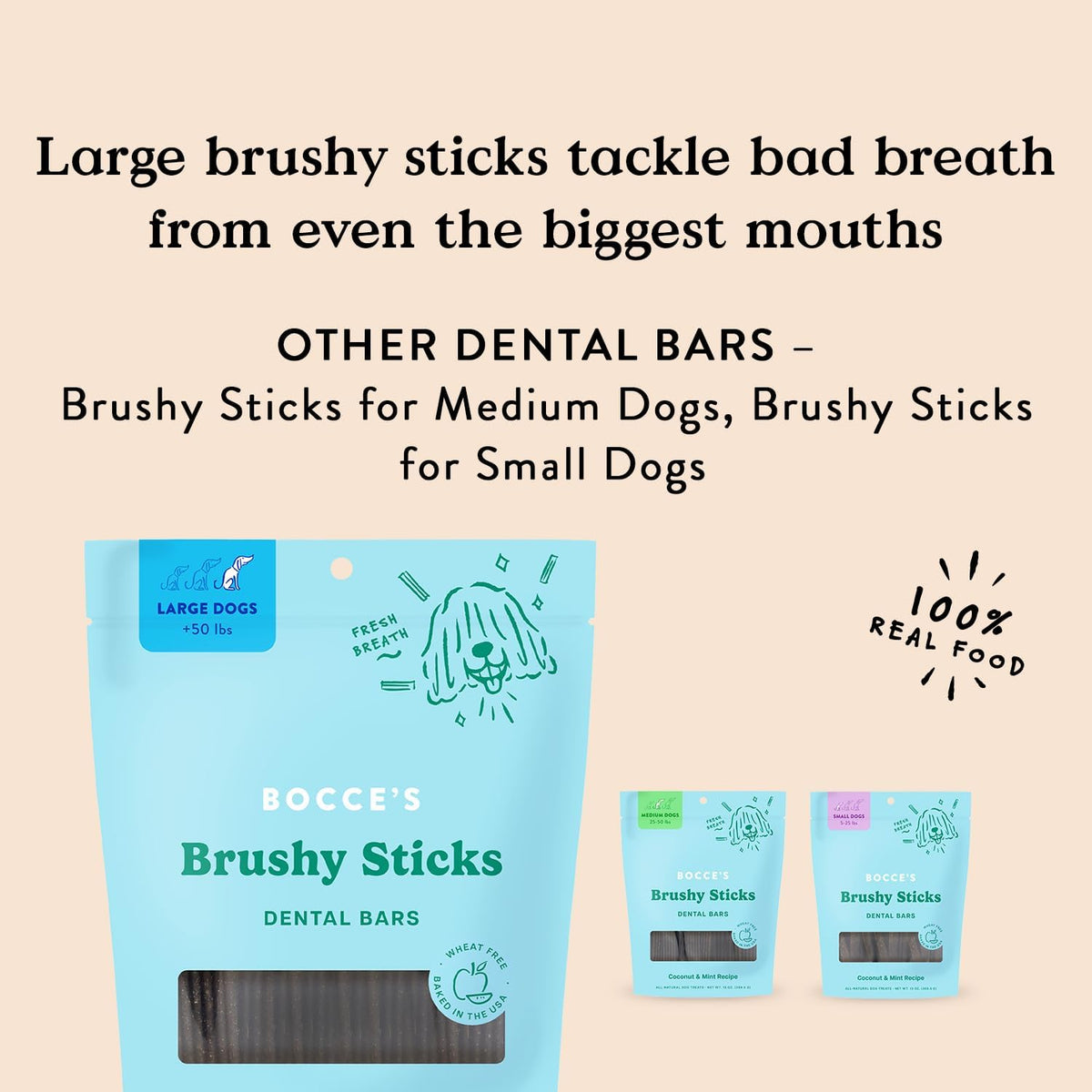 Bocce’s Bakery Dailies Brushy Sticks to Support Oral Health & Fresh Breath, Wheat-Free Dental Bars