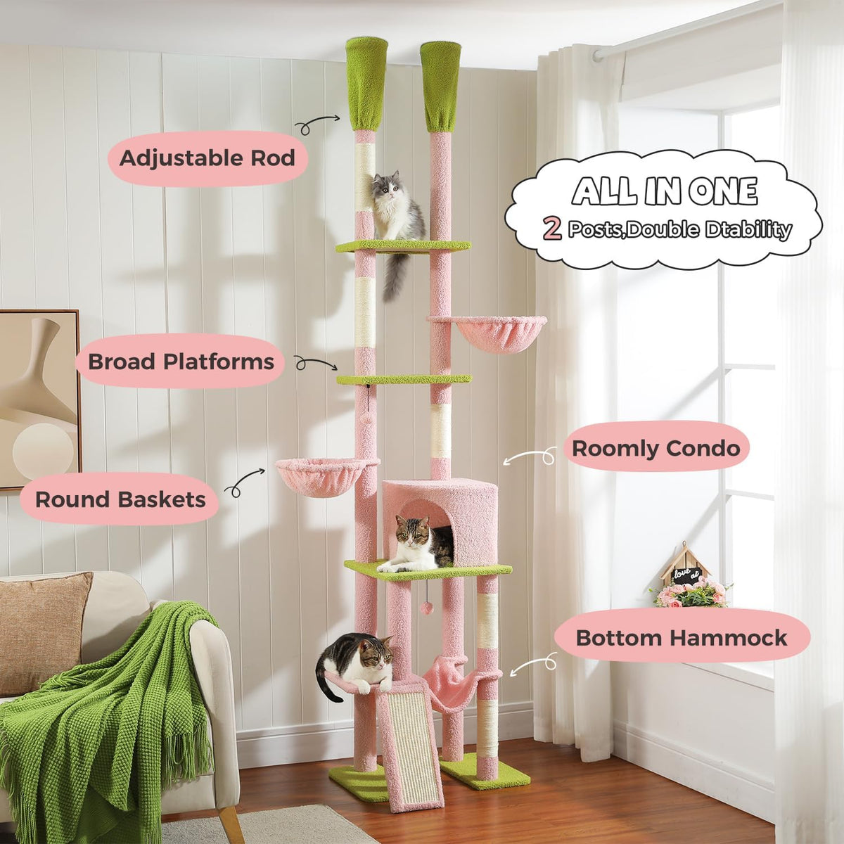PAWZ Road Pink Cat Tree, Floor to Ceiling Cat Tower with Adjustable Height(85-112 Inches), 7 Tiers