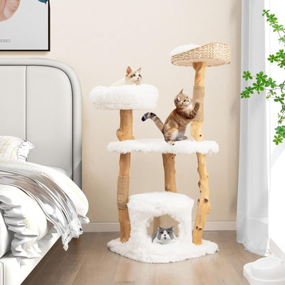 Tangkula Cat Tree Tower, Solid Wood Modern Cat Tower with Top Cattail Basket Bed, Side Perch, Large