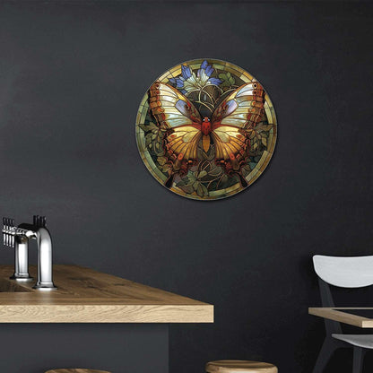 Lygond Metal Sign Tin Sign Circular Stained Glass Butterfly Tin Sign Gift for Garage 12×12 Inches