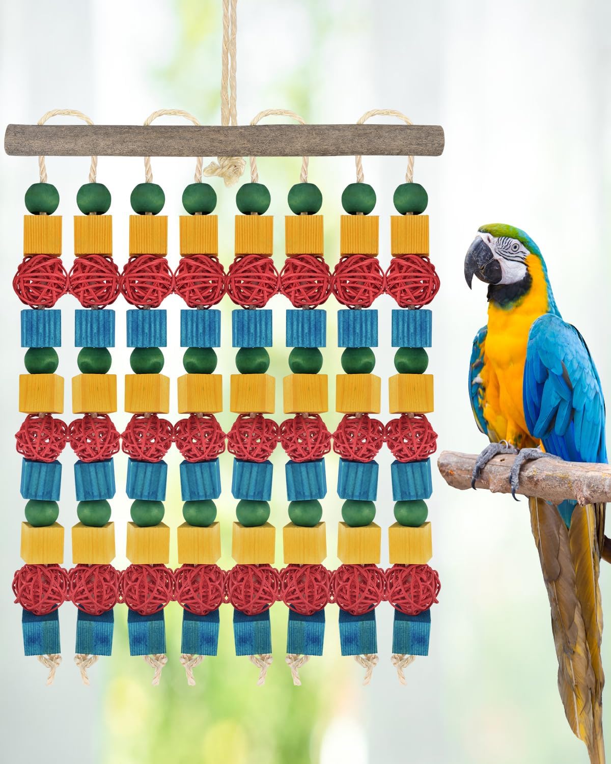 Large Parrot Toys, 17.7 inch Multicolored Natural Wooden Blocks Beads Rattan Balls, Bird Chew and