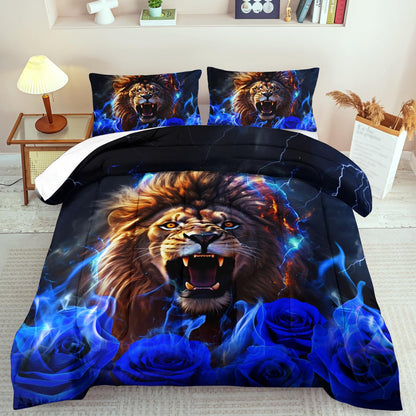 Lion Blue Comforter Set King,Lion Bedding Set Boys,Animal Print Comforter Bedroom Decor for
