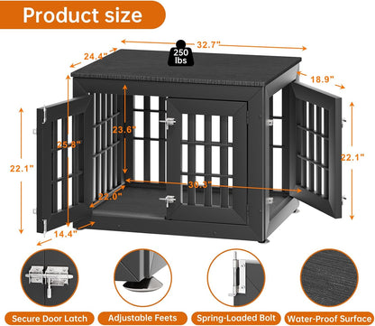 32" Heavy Duty Dog Crate Furniture for Small,Medium and Large Dogs,Rustic Wooden Dog Cage Kennel
