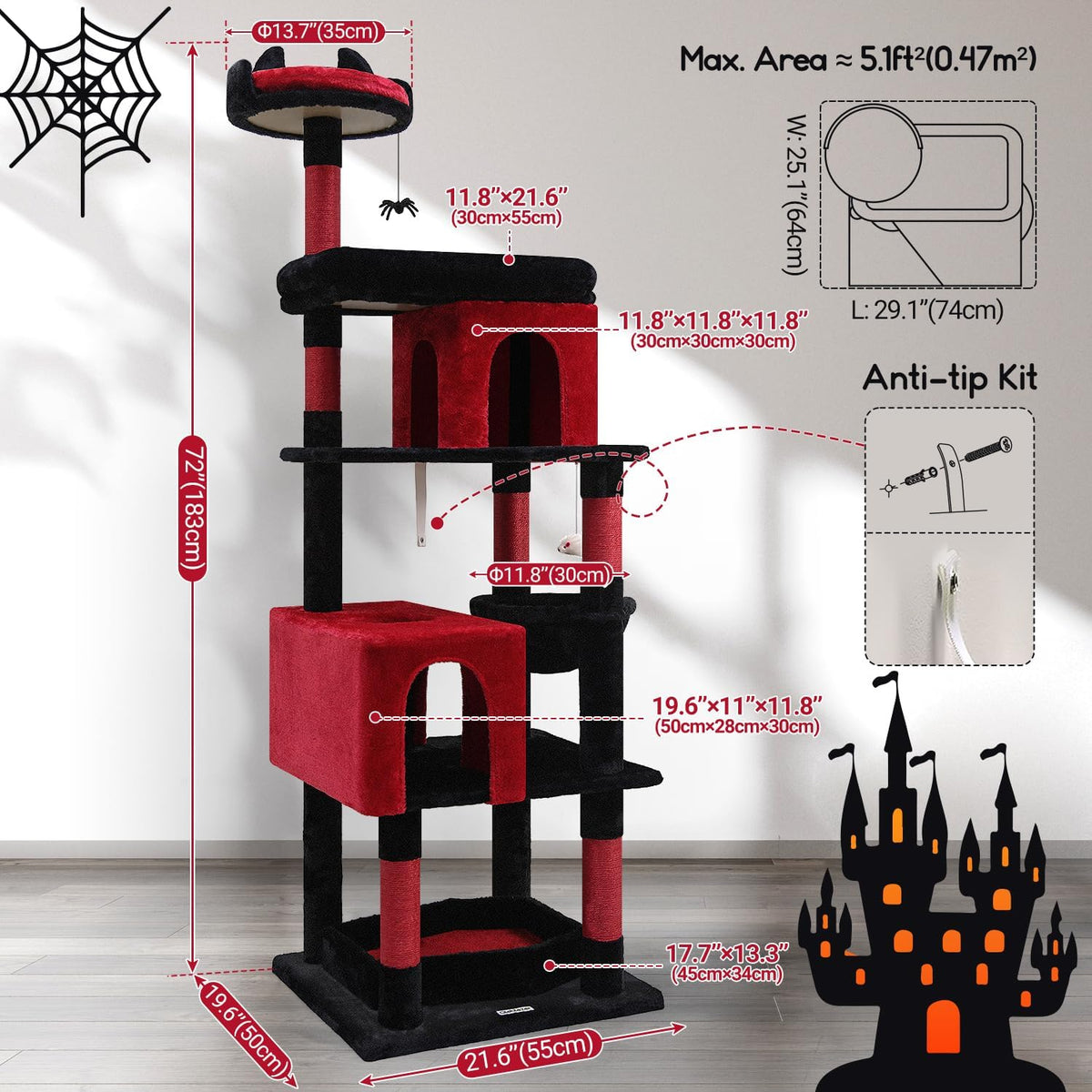 Globlazer Heavy Duty Gothic Cat Tree, 72in Large Cat Tower with Coffin Bed, Sturdy Maine Coon Cat