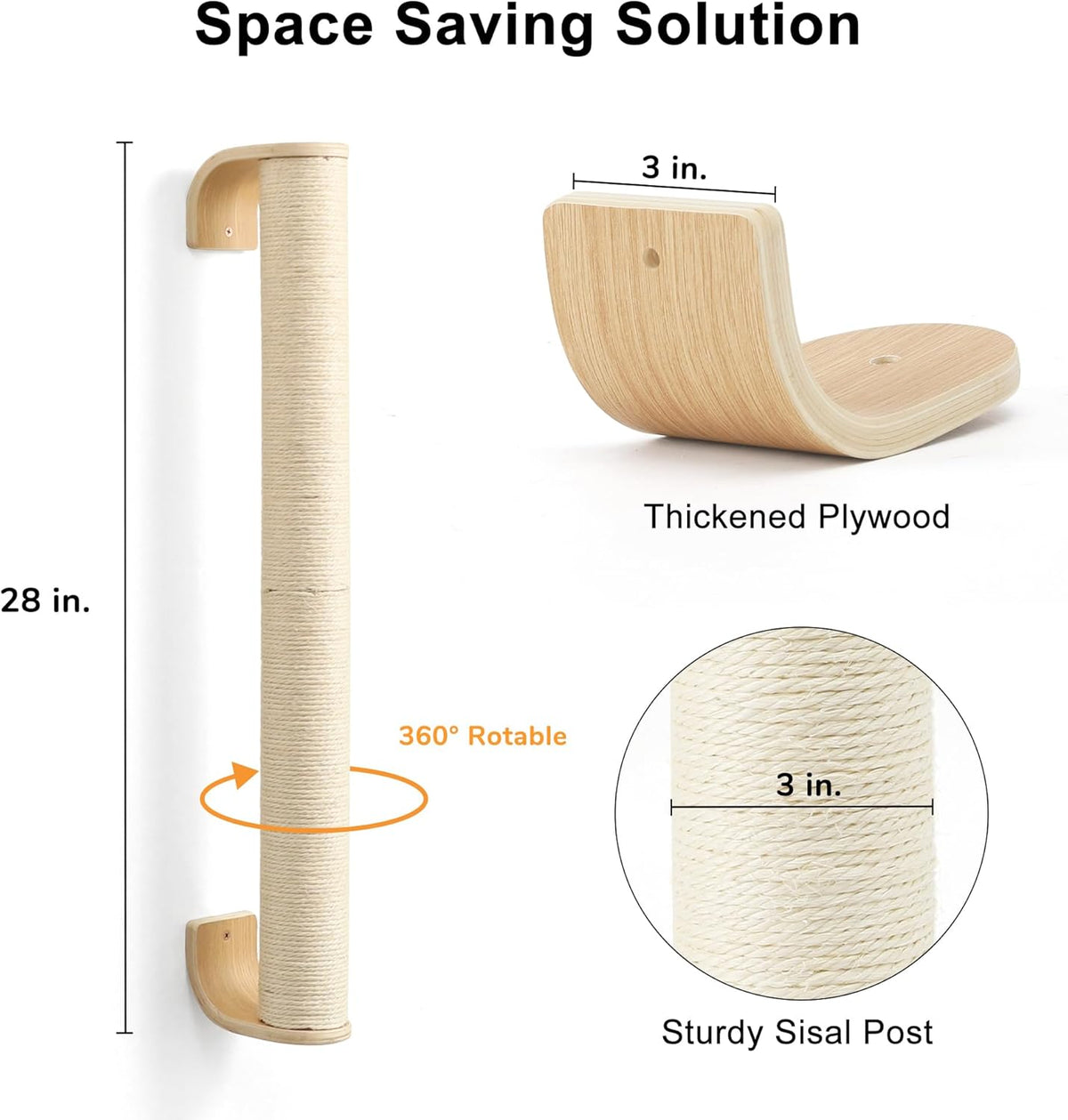 FUKUMARU Cat Wall Scratcher, 28" Wall Mounted Kitten Scratching Post, Sturdy Sisal Climbing Tree