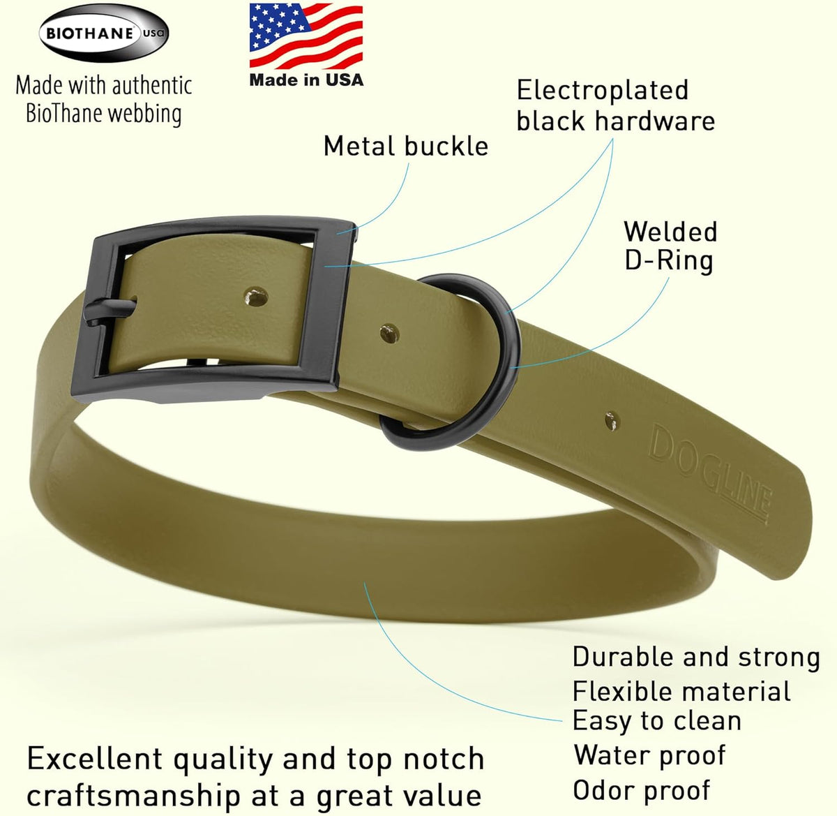 Dogline Biothane Waterproof Dog Collar Strong Coated Nylon Webbing with Black Hardware Odor- Proof