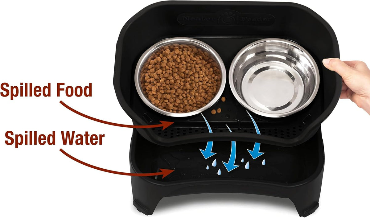 Neater Feeder - Express Model w/ Slow Feed Bowl - Mess-Proof Dog Bowls (M/L, Black) Made in USA