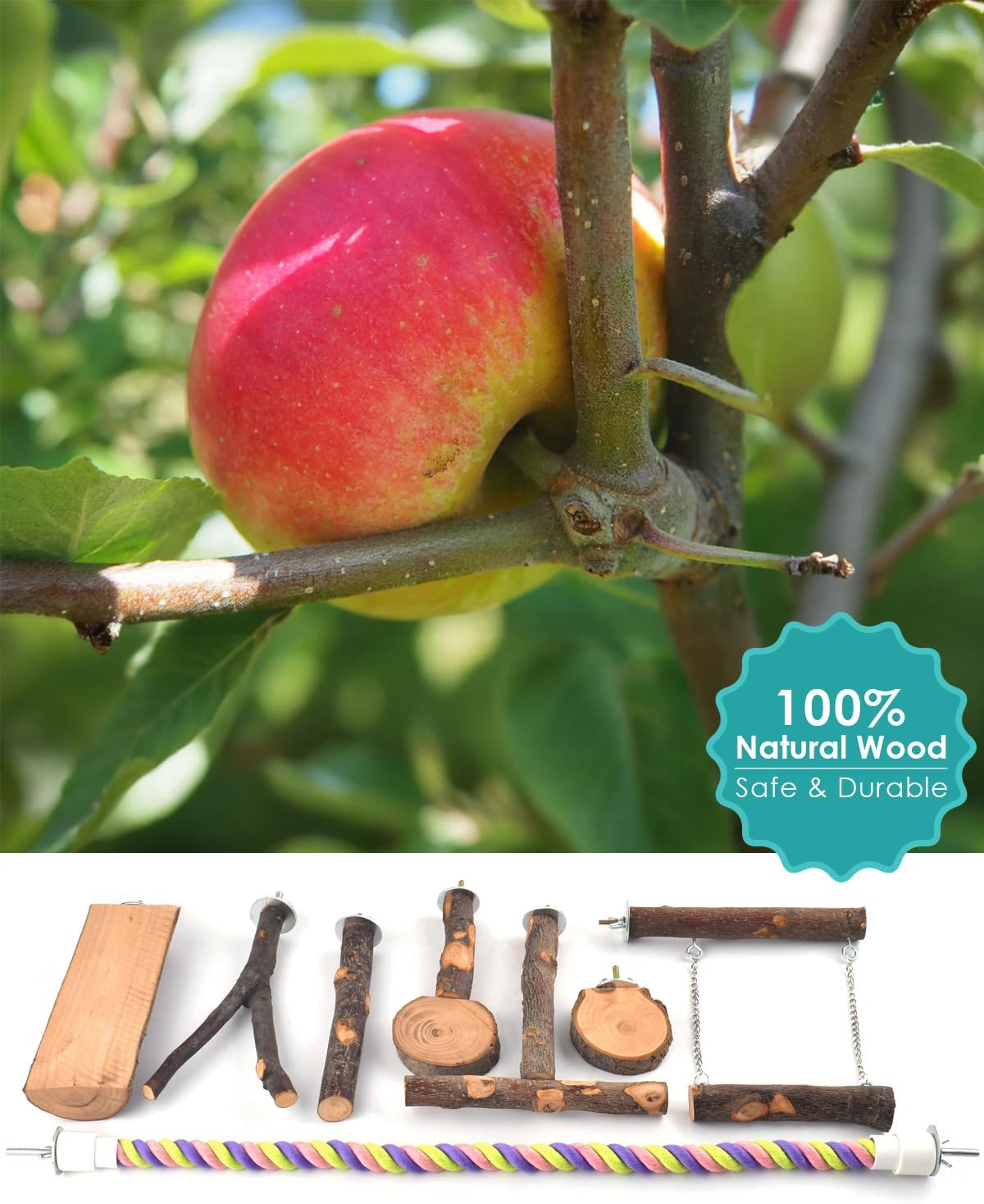 Bird Perches, 8pcs Natural Wood Parrot Perch Stand Chewing Toys Cage Accessories Hanging