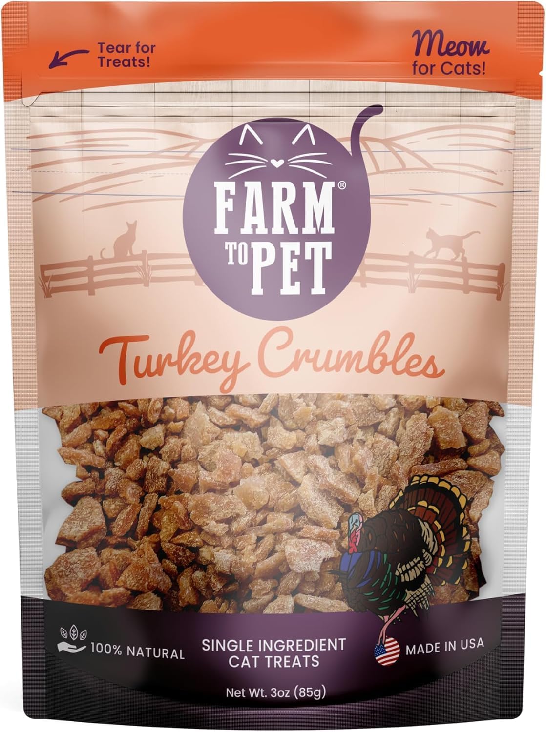 Farm To Pet - Cat Treat Crumbles - 3 oz Single Ingredient Turkey Cat Treats or Snacks - Healthy for