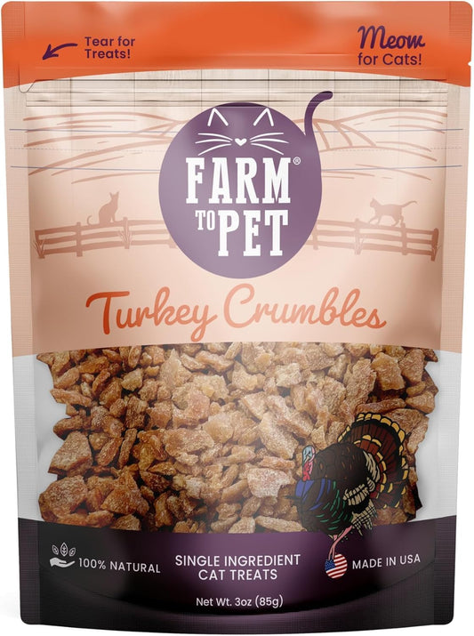 Farm To Pet - Cat Treat Crumbles - 3 oz Single Ingredient Turkey Cat Treats or Snacks - Healthy for