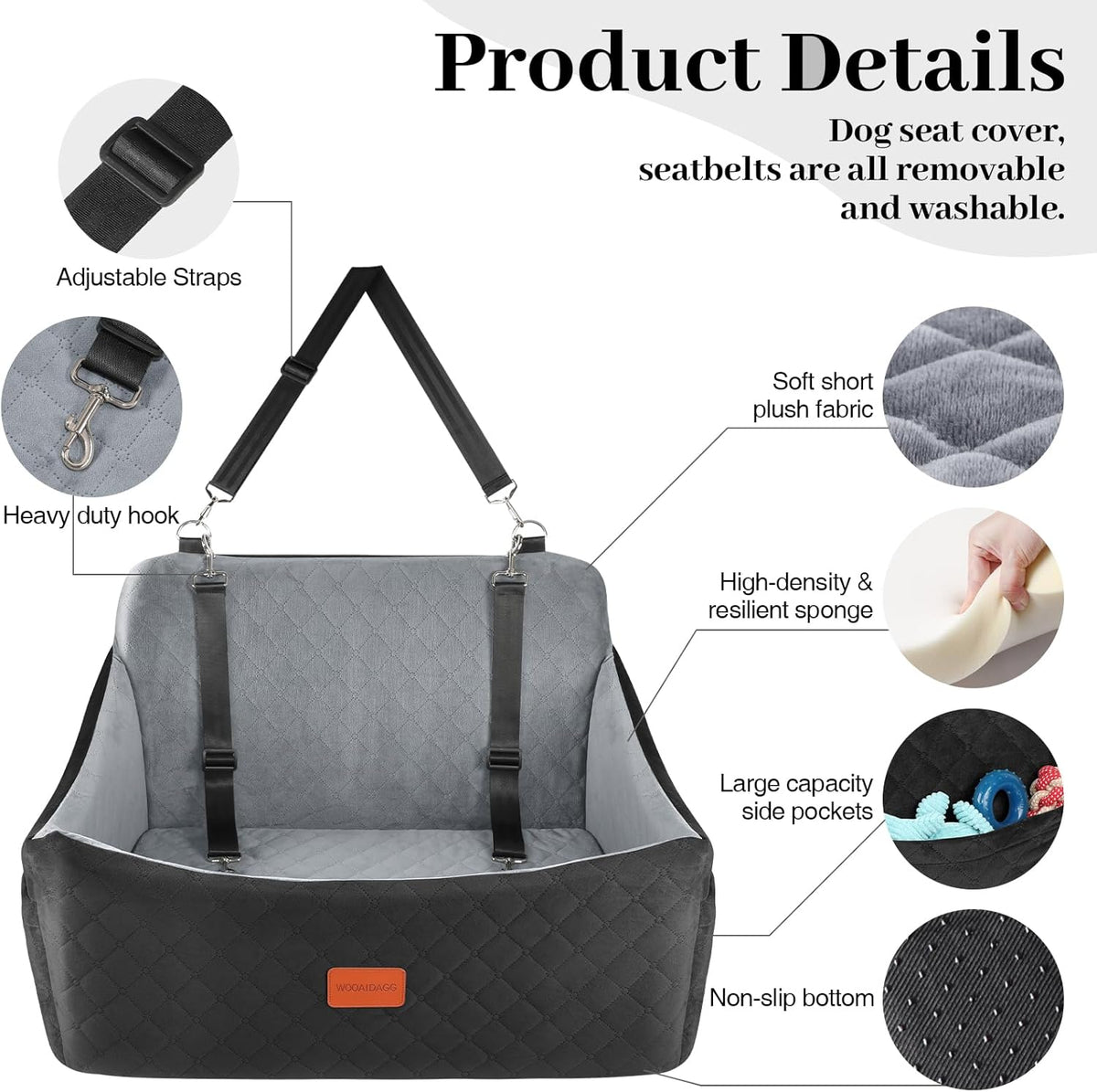 Dog Car Seat for Medium & Large Dogs Up to 55lbs, Memory Foam Cushion, Washable Cover, Safety