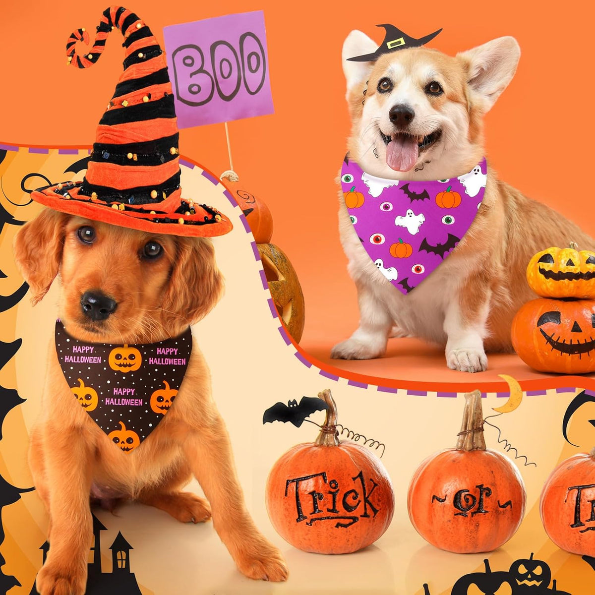 Weewooday 50 Pcs Halloween Dog Bandanas Bulk Pumpkin Ghost Bandanas for Dogs Soft Triangle Bibs