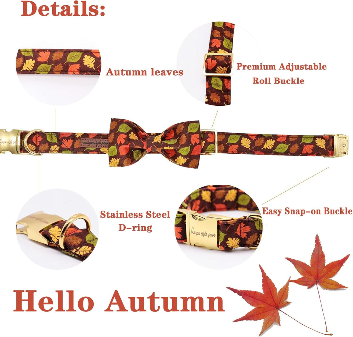 Unique style paws Fall Dog Collar with Bow, Puppy Collar Pet Gift Adjustable Dog Collar Soft and