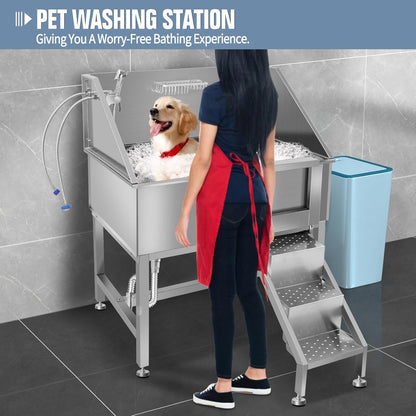 38" Dog Bathing Station, Professional Dog Washing Station Stainless Steel Dog Grooming Tub for