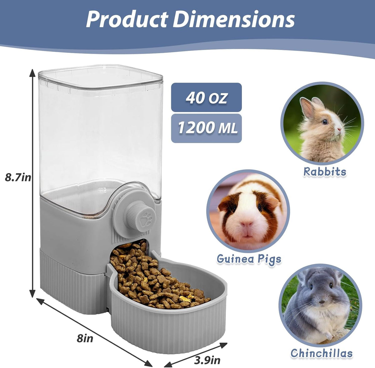 Fhiny Rabbit Food Dispenser, 40oz Large Capacity Hanging Gravity Bunny Feeder for Cage Automatic