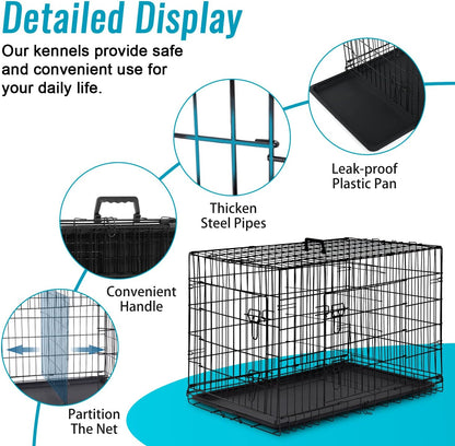 FDW Dog Crate for Small Dogs 24 Inch Folding Metal WirePet Cage Double Door W/Divider Panel Indoor