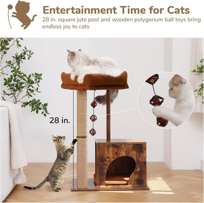 FUKUMARU Cat Scratching Post, Modern Style Cat Tree with Unique Square Post, Wooden Cat Tower with
