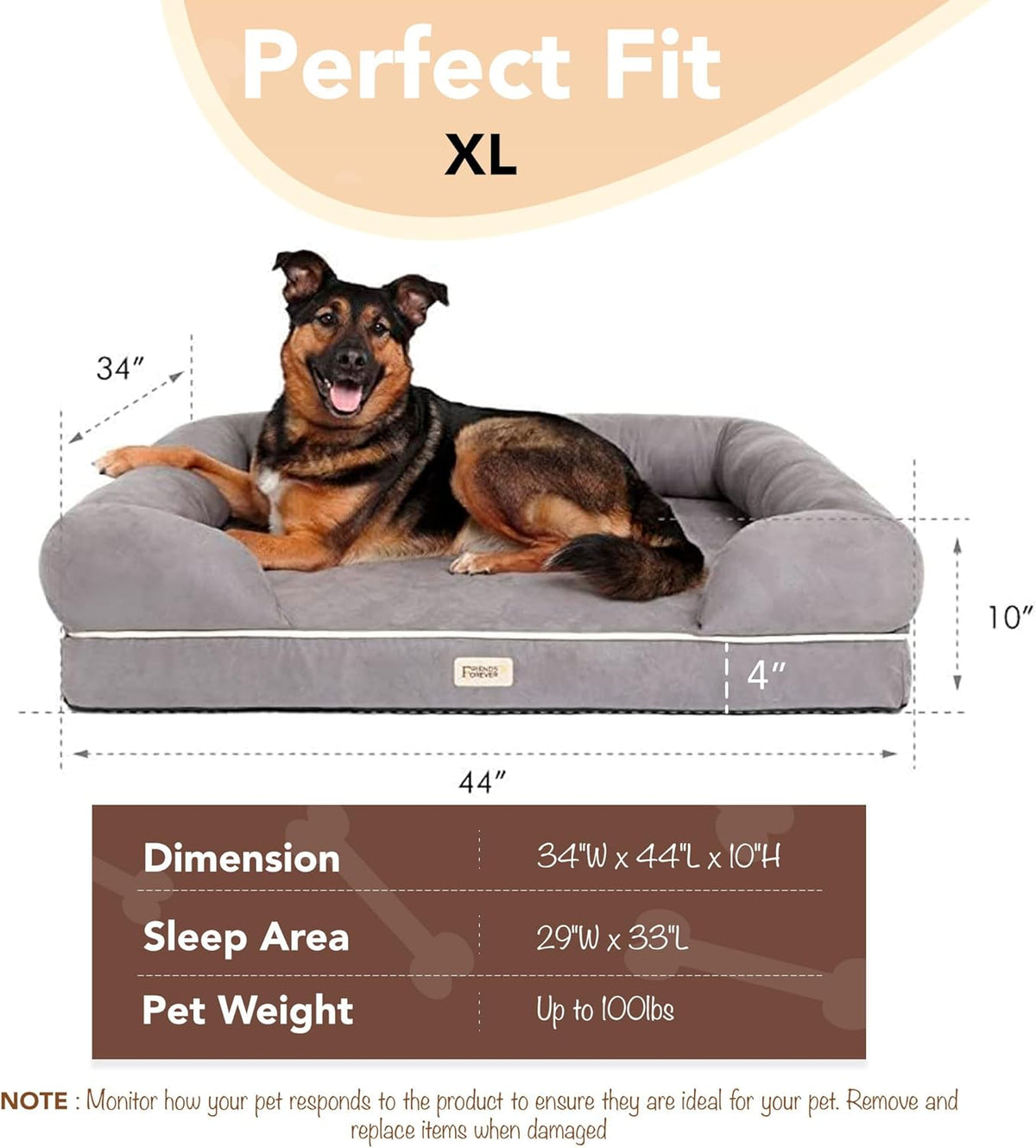 Friends Forever X-Large Dog Bed, Orthopedic Dog Sofa Memory Foam Mattress, Calming Dog Couch Bed