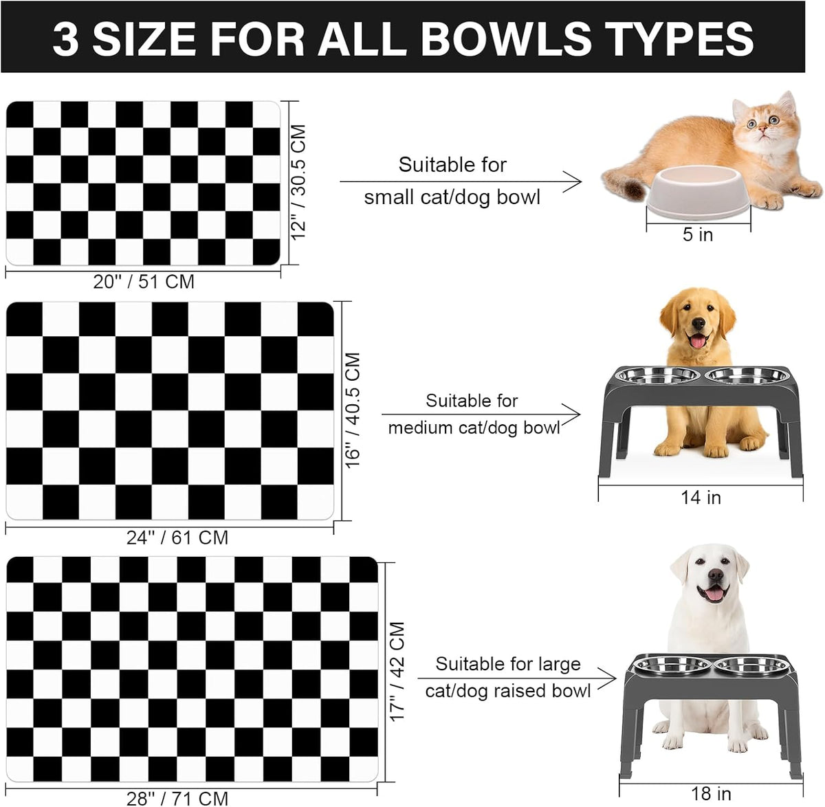 Cat Food Mat - 12"x 20" Cat Dog Mats for Food and Water Bowl, Checkered Pet Placemat Feeding Mat