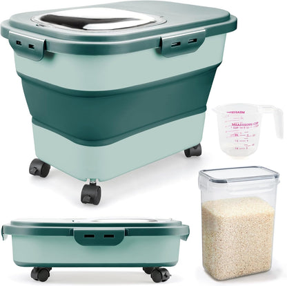 Rice Storage Containers, Collapsible 20 to 30Lbs Food Storage Bin Dispenser with Rolling Wheel and