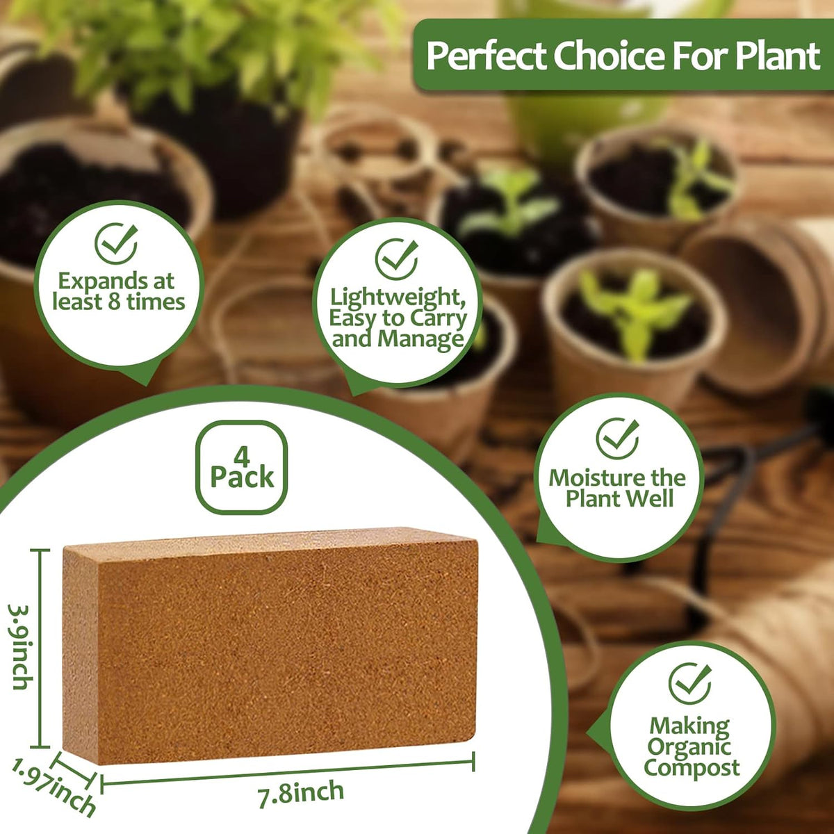 Riare 4pcs Organic Coco Coir Bricks Soil Blocks- 100% Natural Compressed Coco Peat Brick Coconut