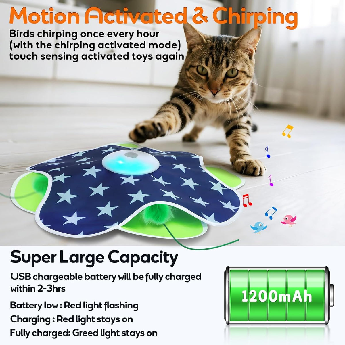 Interactive Cat Toys Auto Moving Feather Concealed in Mat,Motion Activated Cat Toys with Mouse