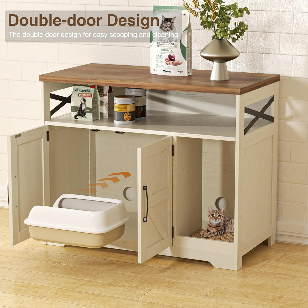 Cat Litter Box Enclosure, Hidden Litter Box Furniture with Scratch Pad, Farmhouse Indoor Cat House