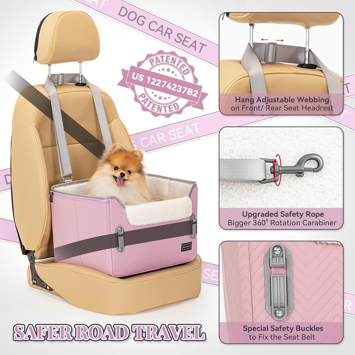 PETSFIT Dog Car Seats for Small Dogs, Portable Puppy Car Saet for Car with Clip-On Leash