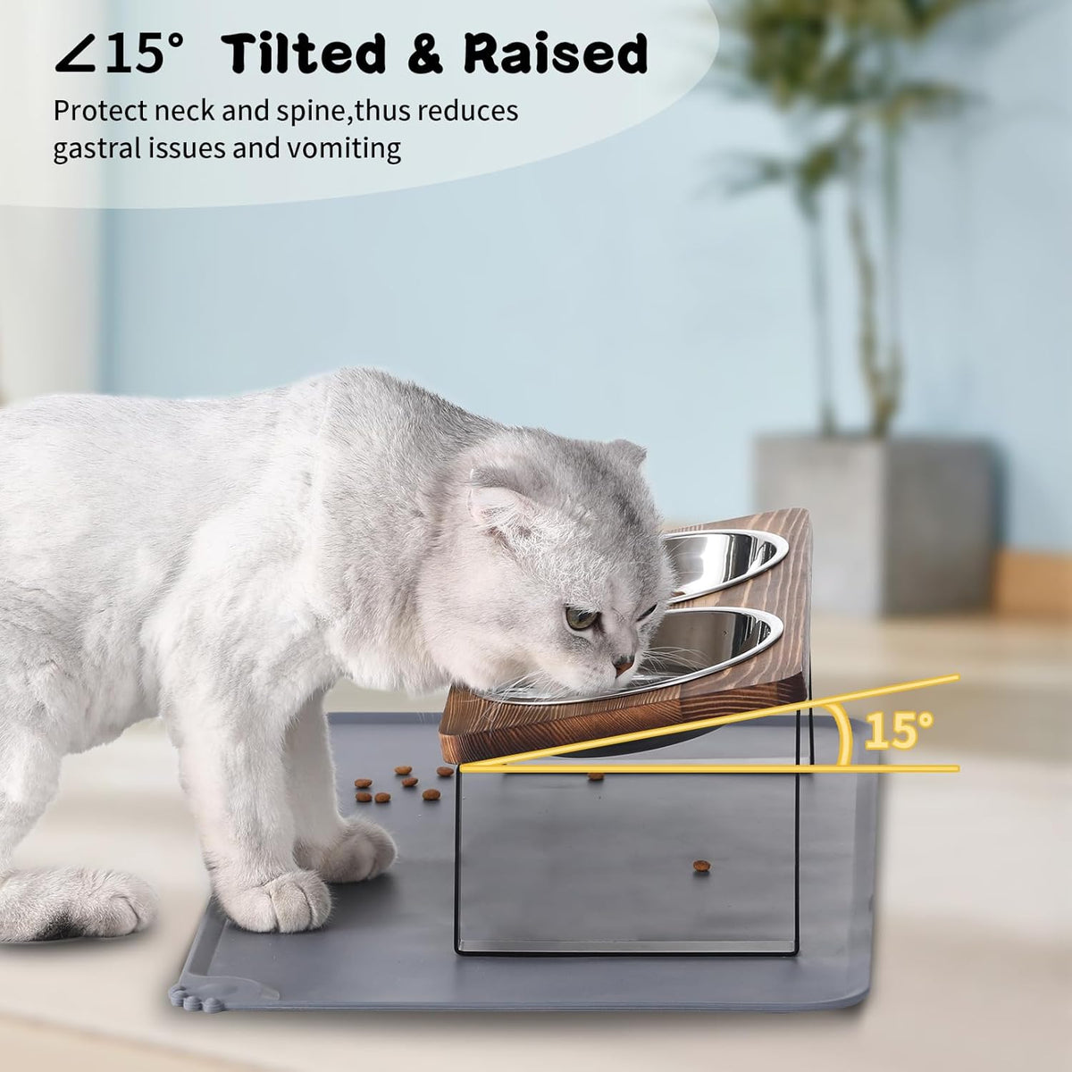 Upgraded Elevated Cat Bowls with Food Mat,15°Tilted Stand Anti Vomiting Raised Cat Dishes for Food