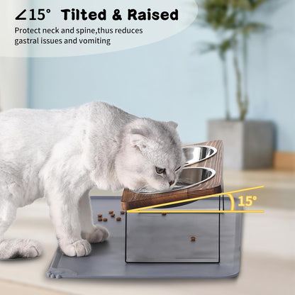 Upgraded Elevated Cat Bowls with Food Mat,15°Tilted Stand Anti Vomiting Raised Cat Dishes for Food